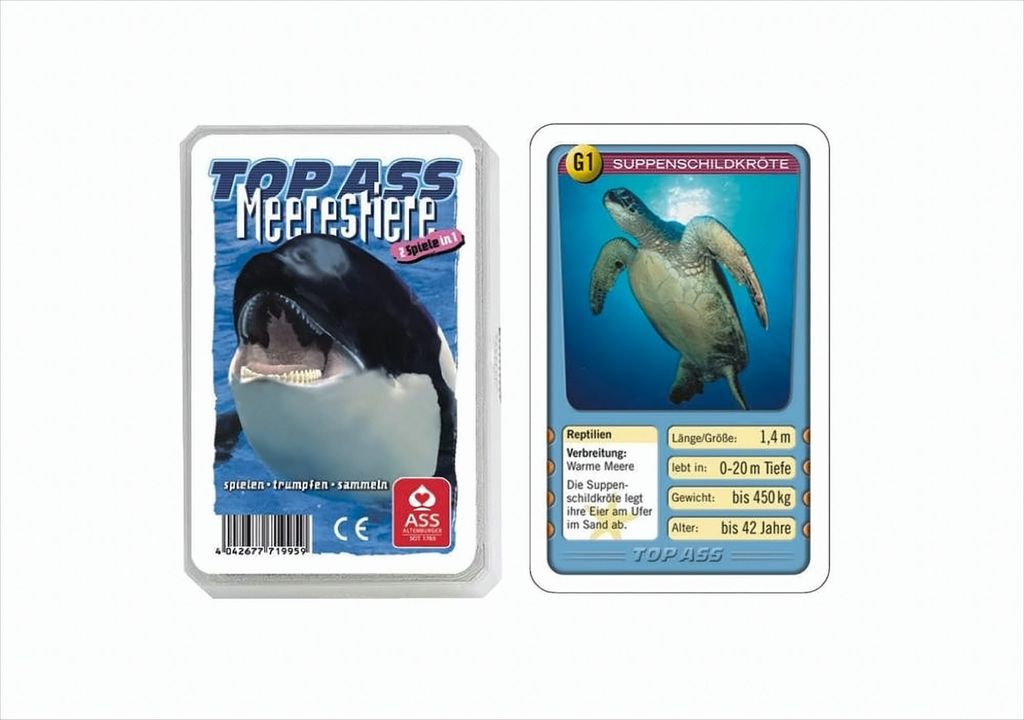 Two trading cards are displayed side-by-side against a white background. The card on the left shows a killer whale and the text "TOPASS Meerestiere". The card on the right shows a sea turtle and details about it.