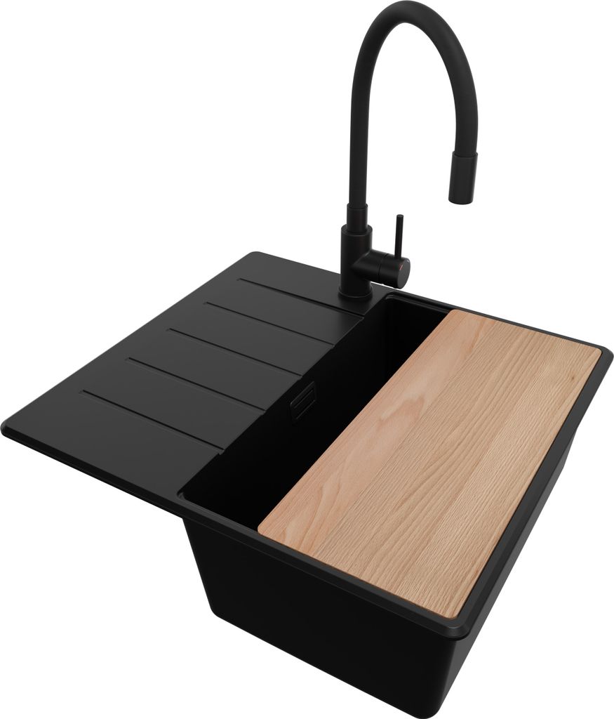 PRIMAGRAN Granitspüle Alles Schwarz 55x50cm, Spülbecken 1 Becken + Ablauf-Set + Küchenzubehörset, Küchenspüle ab 40er Unterschrank - Kopenhagen