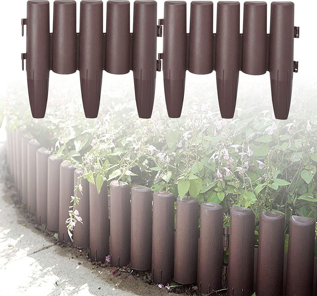 ACXIN Rasenkante Kunststoff Holzoptik Beeteinfassung Garden Border Beetzaun Mähkante Palisade Wetterfest Garten dekorativ (2,8m, 10 Stück, Braun)
