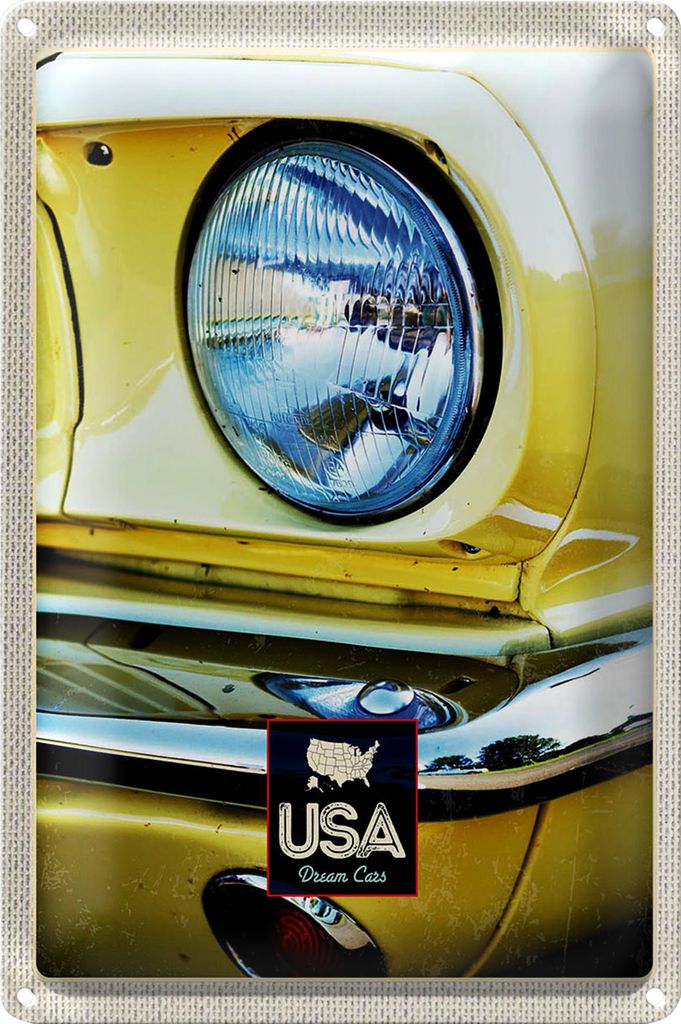 Blechschild Reise 40x30cm Amerika Oldtimer Scheinwerfer gelb