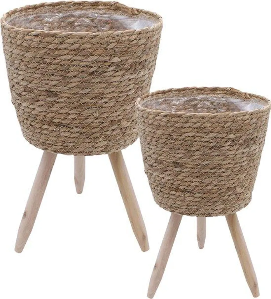 Support à fleurs Rotan à 3 pieds en bois Ø 26 et 20 cm - Lot de 2 pots