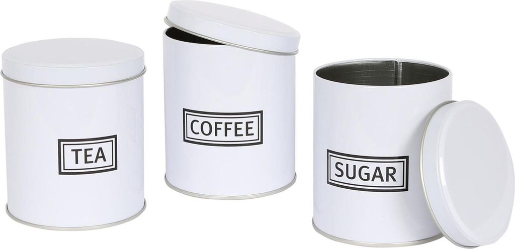 Harbour Housewares 3-teiliges rundes Metalldosen-Set für Tee, Kaffee und Zucker – Weiß