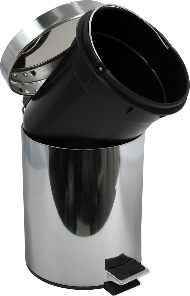 A close-up studio shot of a silver and black pedal bin.