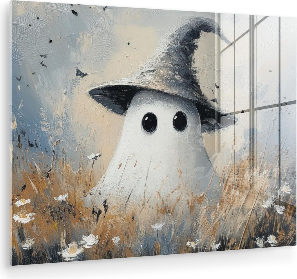 MuchoWow Glasbilder - Bilder auf Wandbild - Foto auf Glas Halloween - Geist - Hexenhut - Abstrakt - Grau 40x30 cm Wanddekoration aus Glas - Acrylgl...
