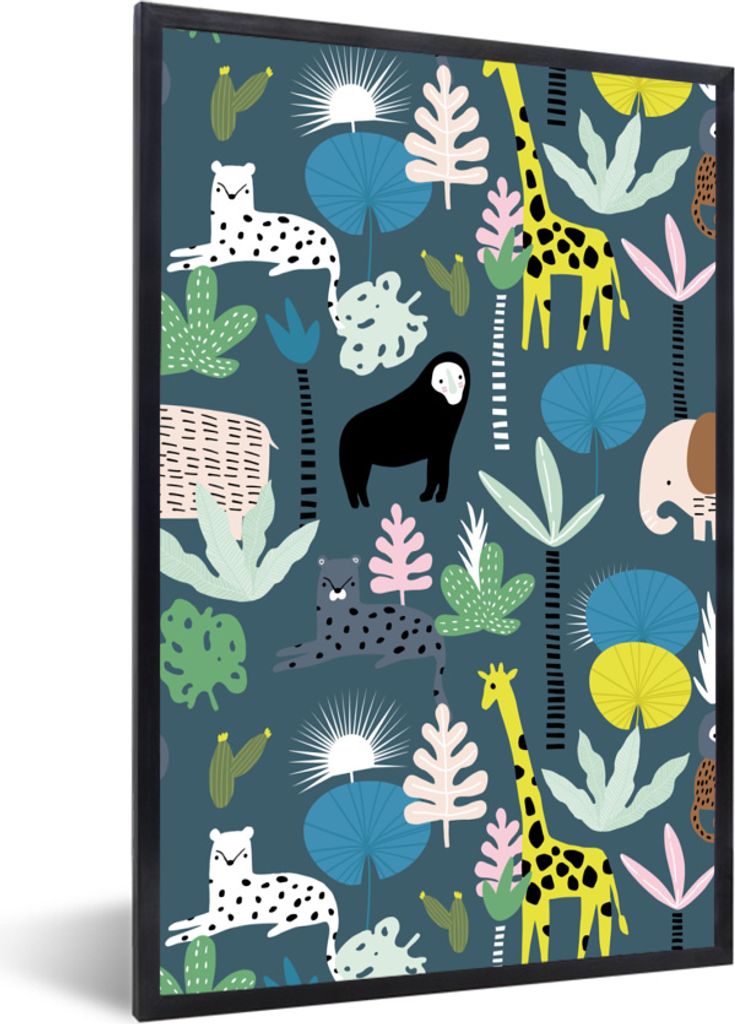 MuchoWow MuchoWow Gerahmtes Poster Dschungel - Tiere - Blau 60x90 cm - Poster mit zchwarzem Bilderrahmen - Kunst