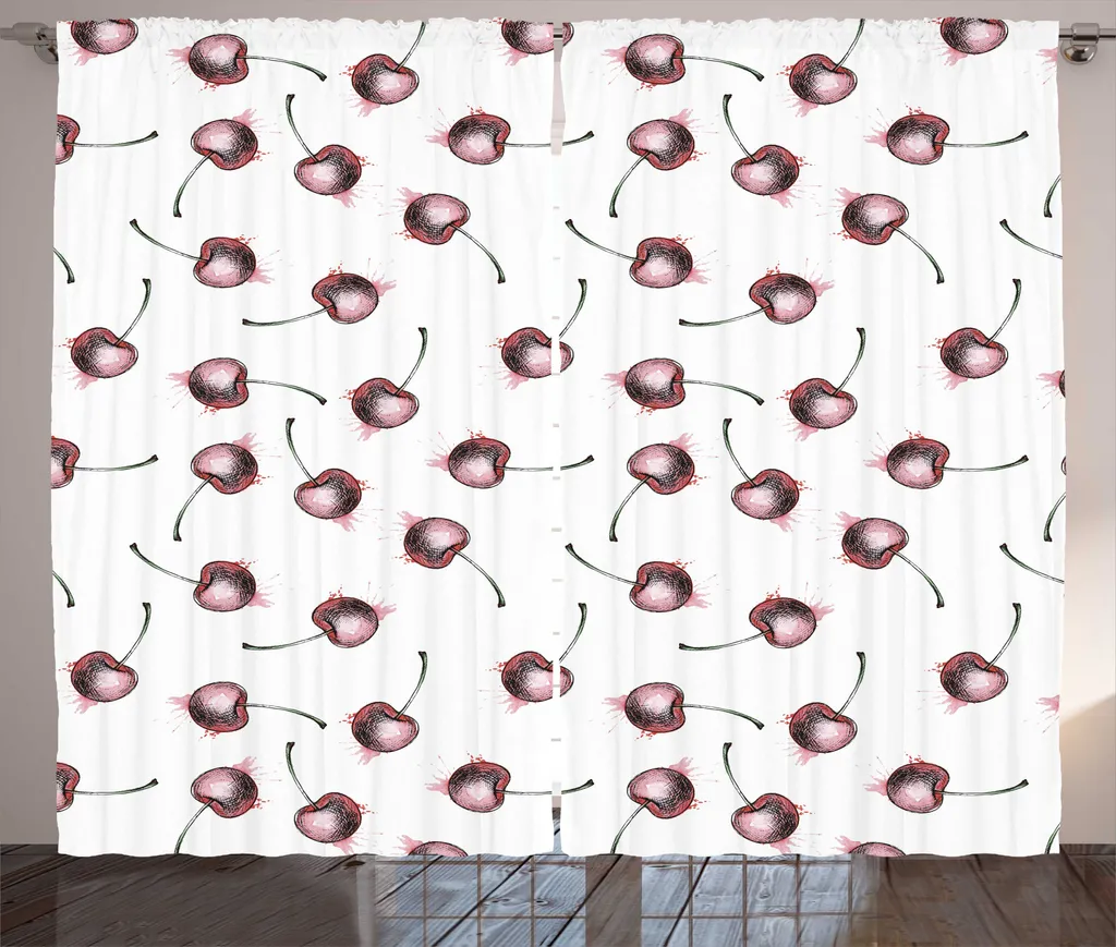 Rideau rustique imprimé cerises 280 cm, finition fronces blanc rose