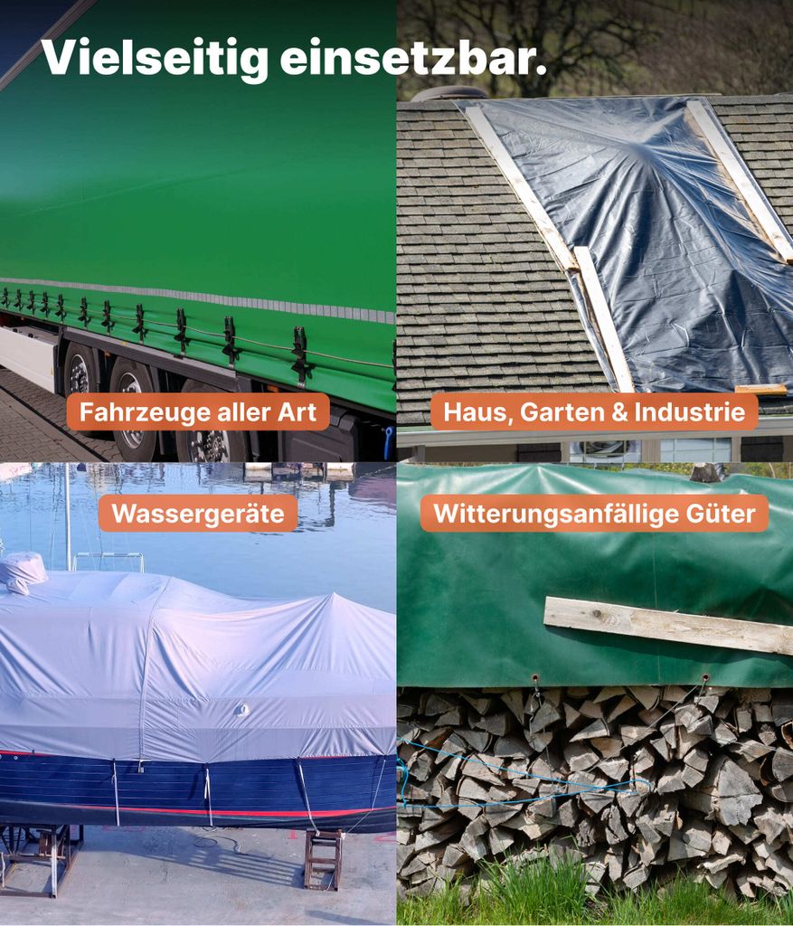 A collage of four images showing different uses of a protective tarp.