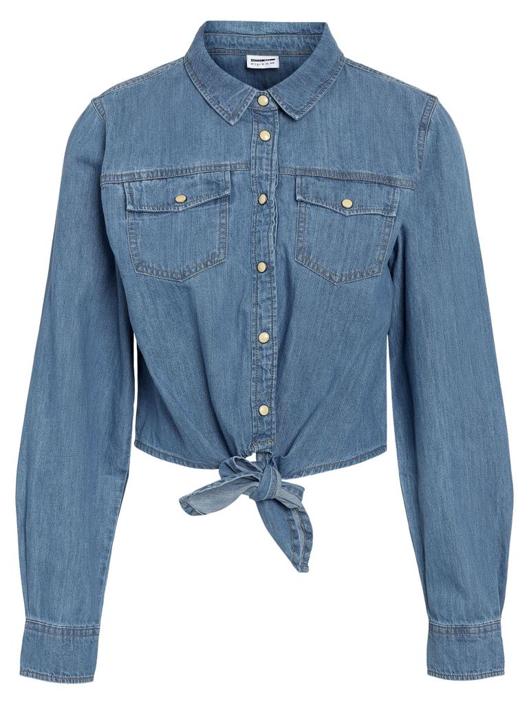 NOISY MAY Modische Jeansbluse Unifarben Knopfverschluss Kentkragen Größe: L