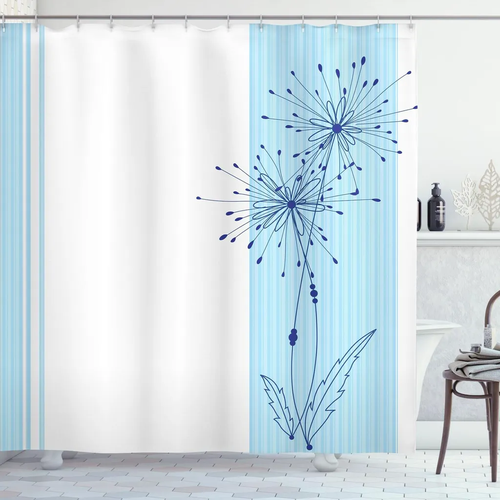 ABAKUHAUS Tenda da doccia a righe, linee verticali chiare con una semplice illustrazione floreale stilizzata, 175 x 240 cm, azzurro
