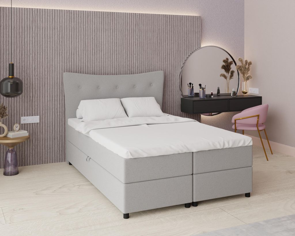 Boxspringbett, 140cm x 200cm, Grau, mit Bettkasten, Matratze und Topper, Doppelbett, NEVADA, Panda Möbel