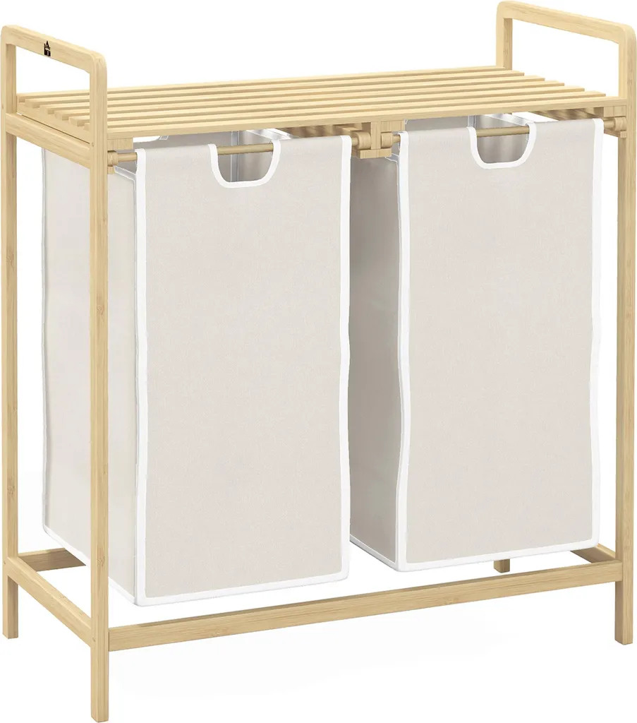 Panier à linge double pour salle de bain bambou et tiroirs en tissu