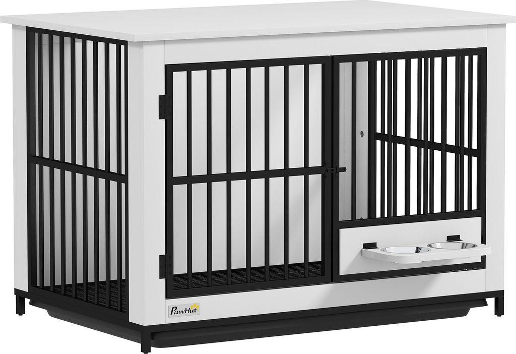 A white and black dog crate with two doors and two bowls attached to the front.