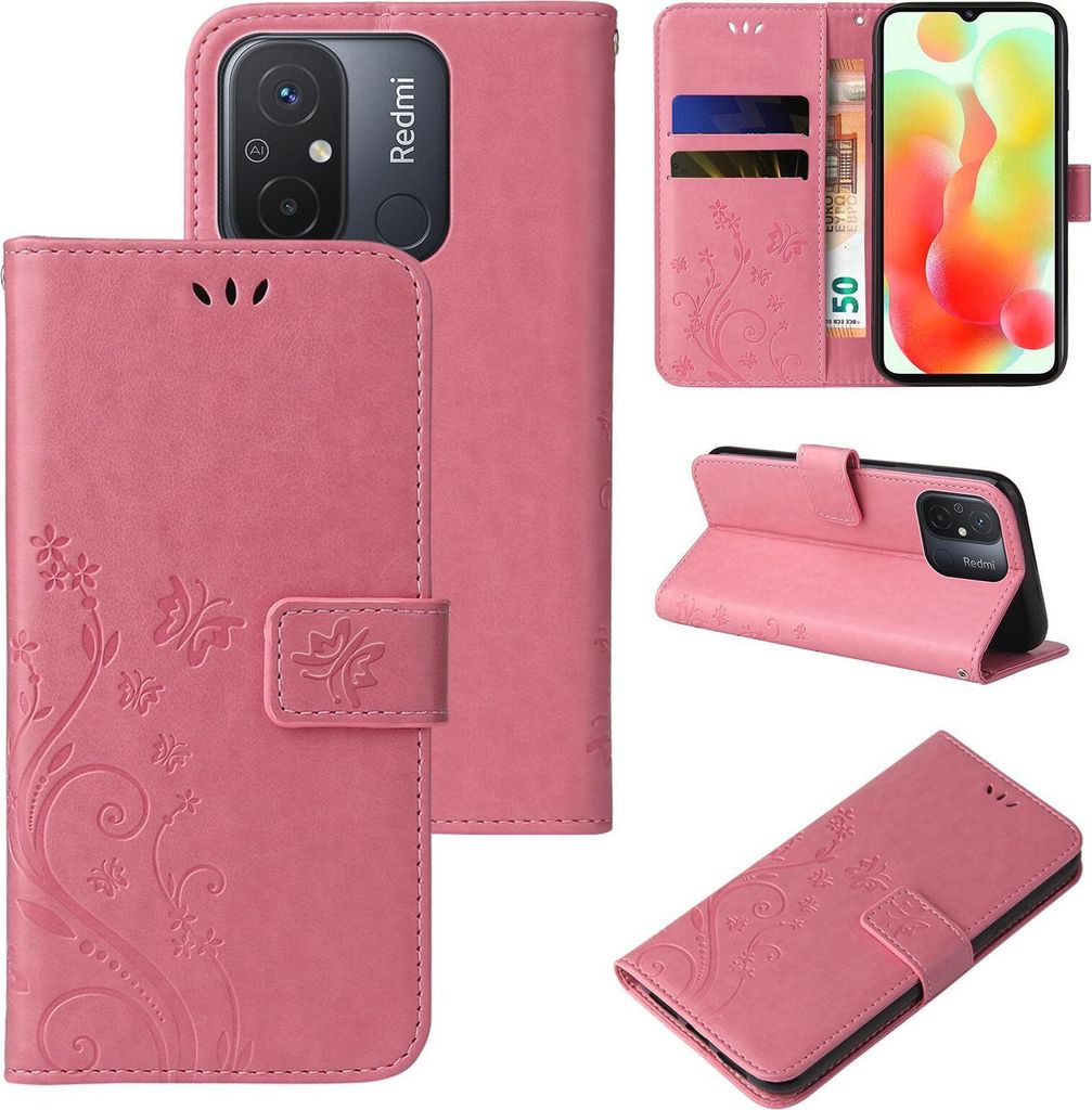 Collage of product images showing a pink floral butterfly flip phone case for a Xiaomi Redmi 12C.