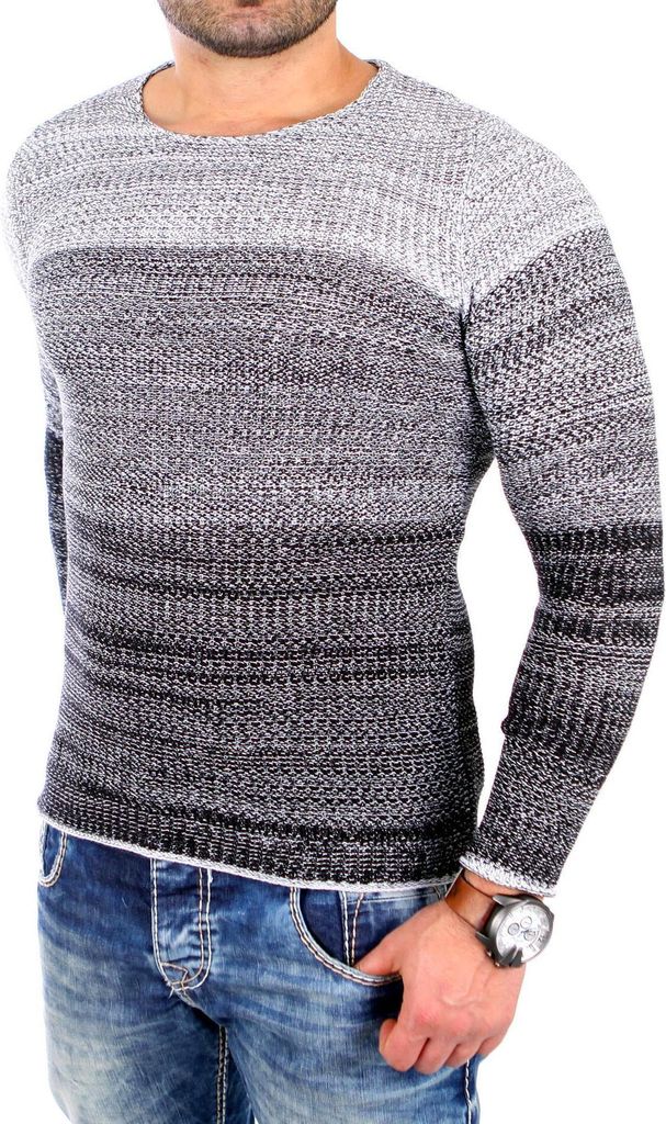 Reslad Strickpullover Herren Colorblock Crewneck Pullover RS-3106 Schwarz S