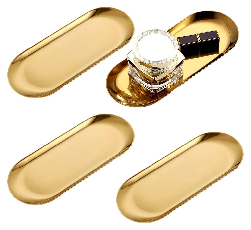 4 Stück Goldene Teller, 30 x 12 cm Servierteller, Kleines Tablett, Deko Tablett, Goldene Platte, Ablageschale, Verwendung als Obstschale, Schmucks...