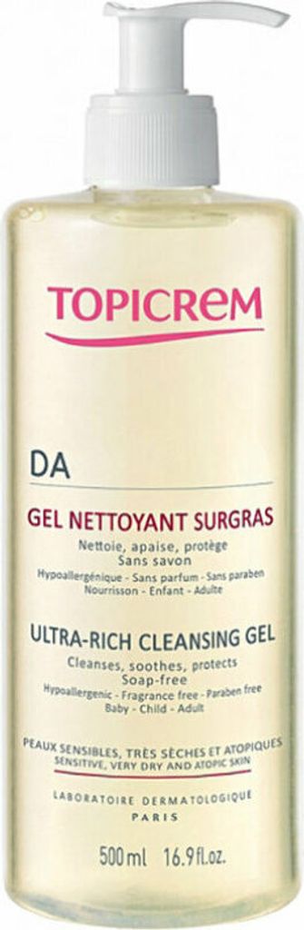 A product shot of a bottle of Topicrem DA Ultra-Rich Cleansing Gel.