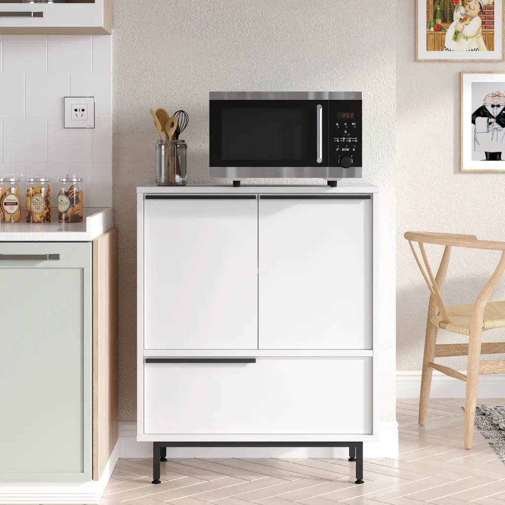 Petite commode blanche 91 cm avec étagères Buffet bas compact Vesanto