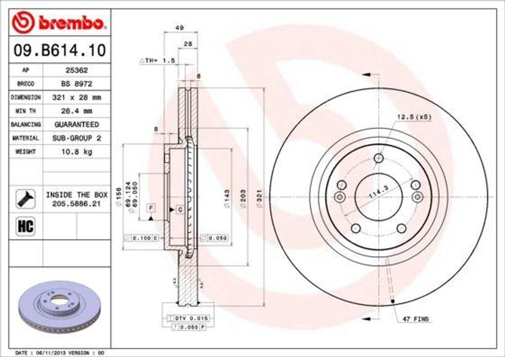 BREMBO 09.B614.10 Bremsscheibe OE 517122P700 kompatibel mit Sorento, Santa Fe