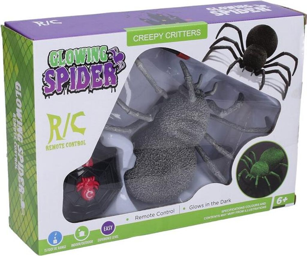 The image shows the retail packaging of a remote-controlled glowing spider toy.