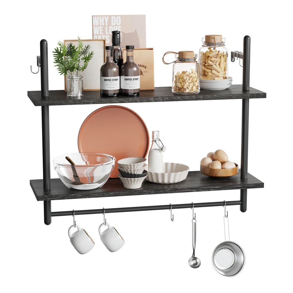 Wandregal Industrie-Look mit Haken, 80x64cm - Küchenregal schwebend - Deko Regal Holz - wand wandregal Für Wohnzimmer, Bad, Büro