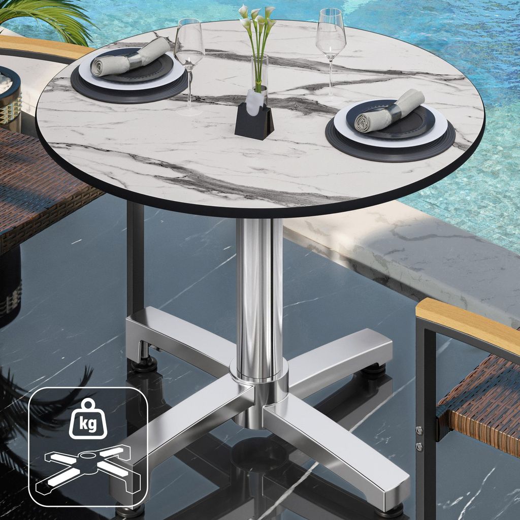 CPBC | HPL Bistro Tisch | Ø:H 60 x 78 cm | Weiß Marmor / Aluminium | Zusatzgewicht | Rund | Bistrotisch Gastro Tisch