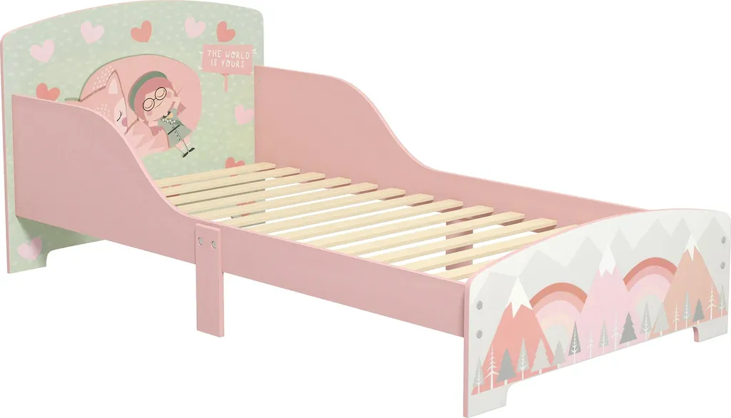 Lit enfant rose avec sommier inclus et motif ludique pour chambre fille