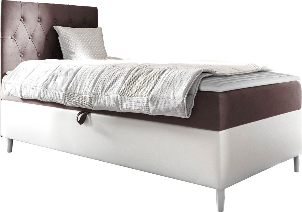 MIRJAN24 Boxspringbett Filip Junior 1 90x200, Einzelbett mit Bonellfederkern, Härtegrad - H3 (Farbe: Soft 017 + Fresh 09, Seite zum Öffnen des Be...