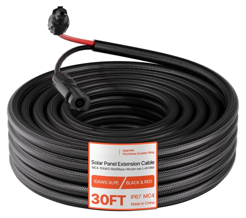 Solarkabel-Verlängerung - PV-Verlängerungskabel 9,14 m - 10 AWG - IP67 Wasserdicht - Flammhemmende Schutzhülle - Weibliche & männliche Steckver...