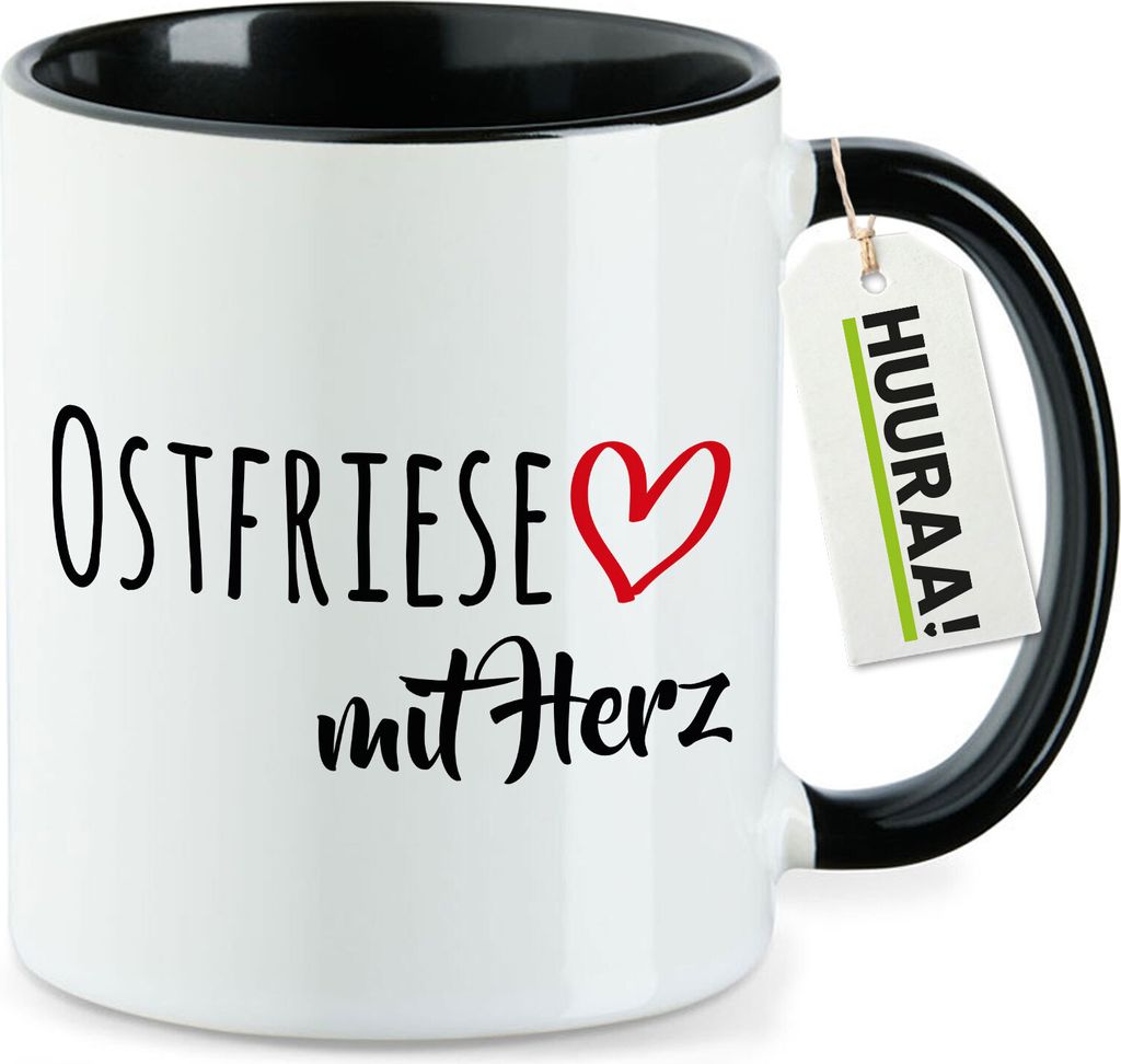 Huuraa Kaffeetasse Ostfriese mit Herz 330ml Schwarz Keramik Kaffeebecher Geschenkidee