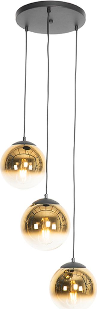 QAZQA - Art Deco Art Deco Hängelampe I Pendellampe I Pendelleuchte schwarz mit Gold I Messingglas rund 3-flammig - Pallon I Wohnzimmer I Schlafzimmer - Kugel I Kugelförmig I Länglich - LED geeignet E2