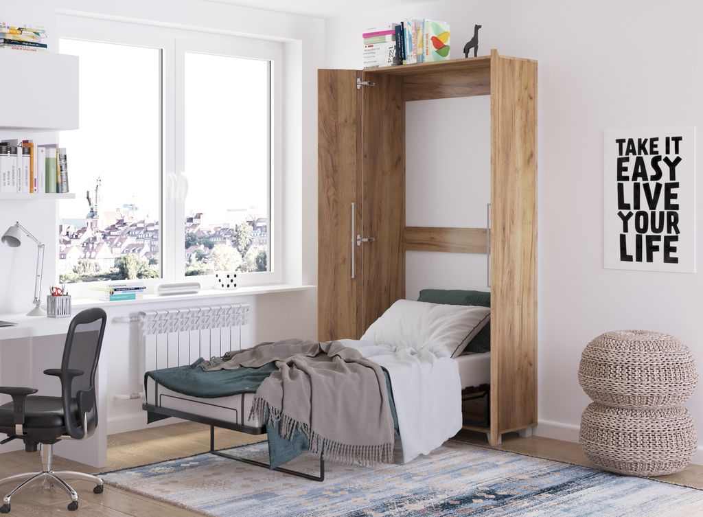 Wandbett Schrankbett TEDDY 90x200 Gold Craft Eiche Vertikal Wandklappbett, Schrankklappbett, Schrank mit integriertem Klappbett, Funktionsbett inkl...