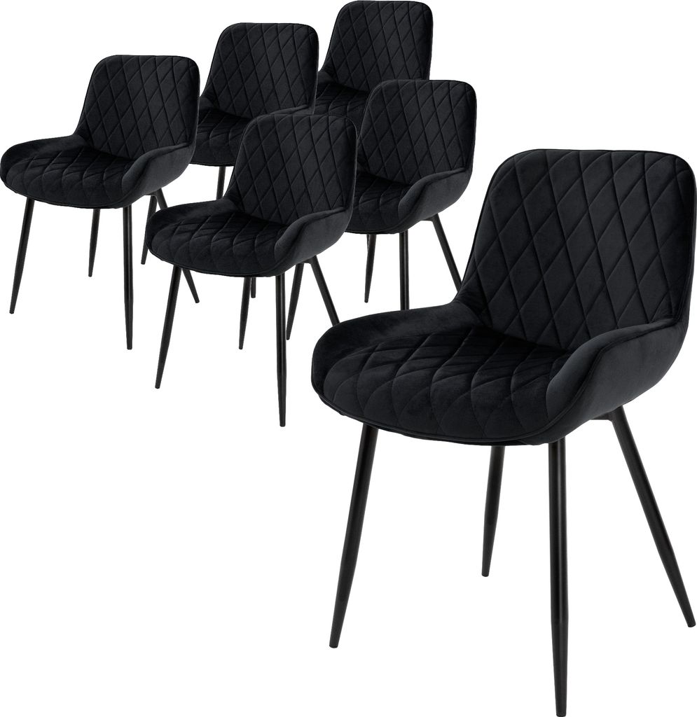 A set of six black velvet dining chairs with diamond tufting and black metal legs, arranged on a white background.