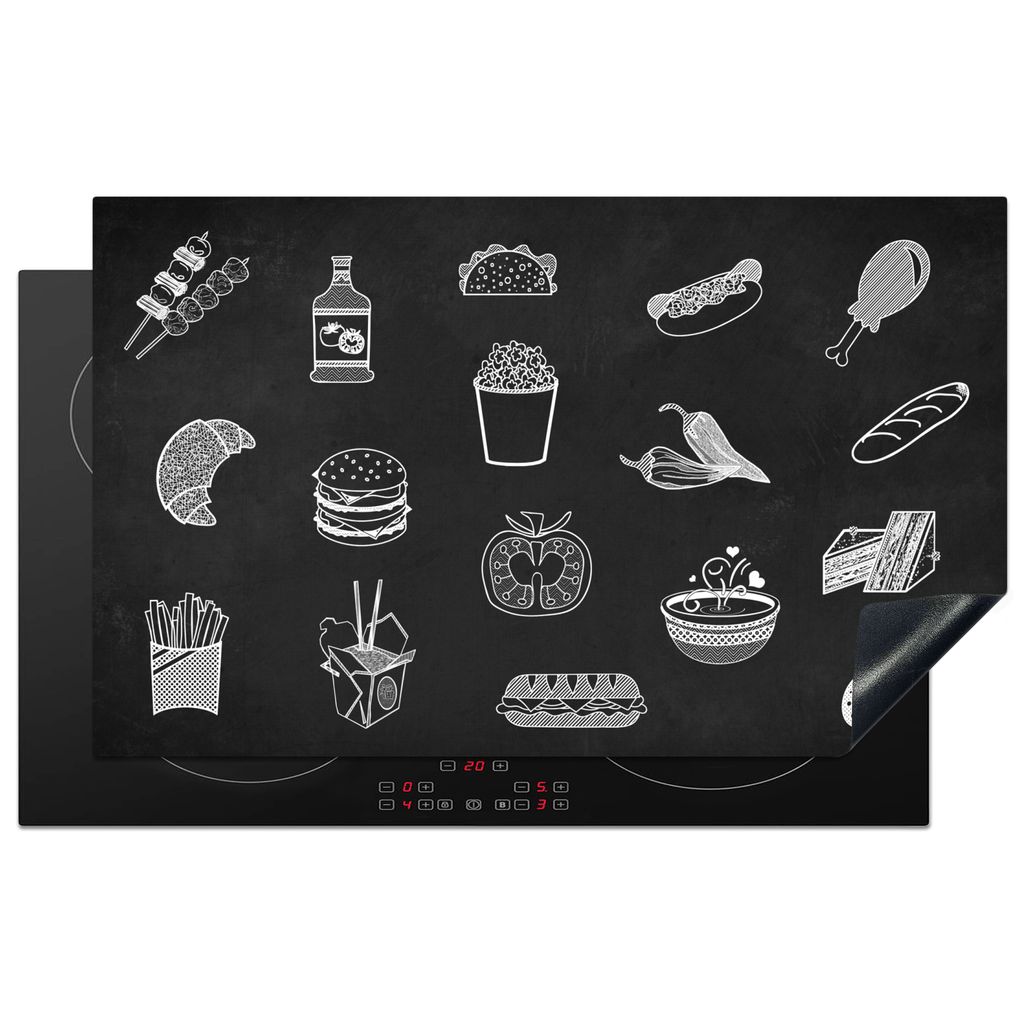 KitchenYeah Herdabdeckplatte Schwarz - Weiß - Essen , 83x51cm, Küche Deko, Glaskeramikkochfeld Herdabdeckung, Abdeckplatte fùr Kochfeld