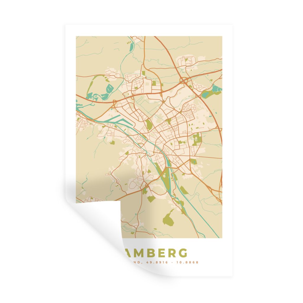 MuchoWow Wandtattoo Wandsticker Wandaufkleber Bamberg - Karte - Stadtplan - Vintage 80x120 cm Selbstklebend und Repositionierbar - Repositionierb...