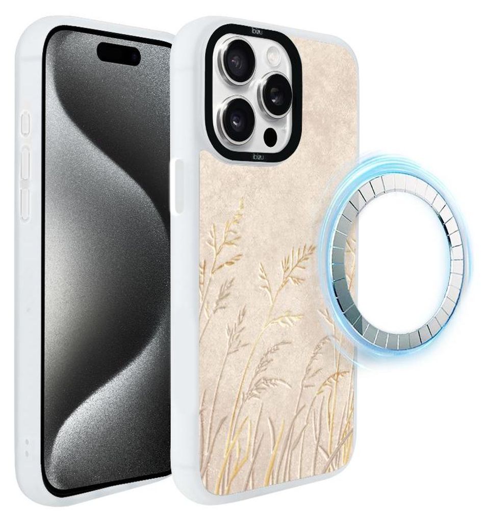 Schutzhülle für das iPhone 15 Pro, MagSafe-kompatibel, mattweiße Seiten, Weizenähren, golden