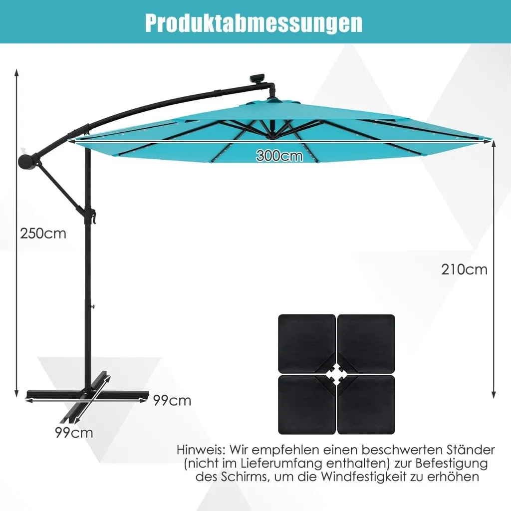 Parasol de terrasse solaire turquoise 300 cm avec éclairage LED intégré