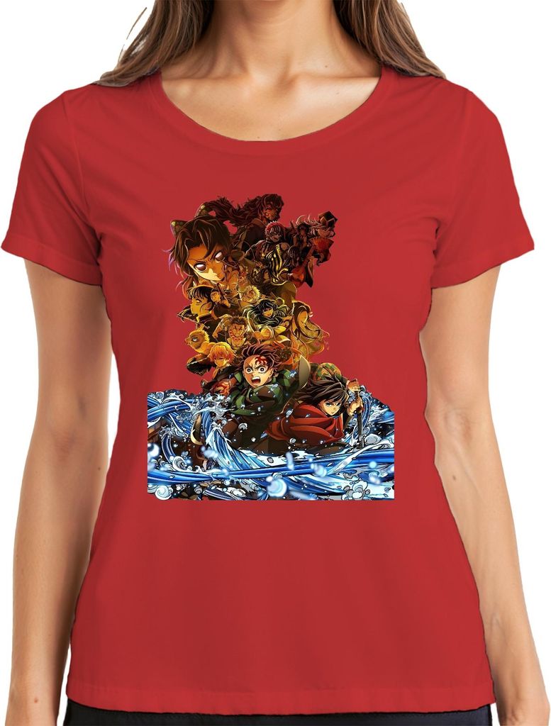 Kimetsu no Yaiba Demon Slayer Tanjiro Nezuko Zenitsu Inosuke Damen T-Shirt, Rot, XXL