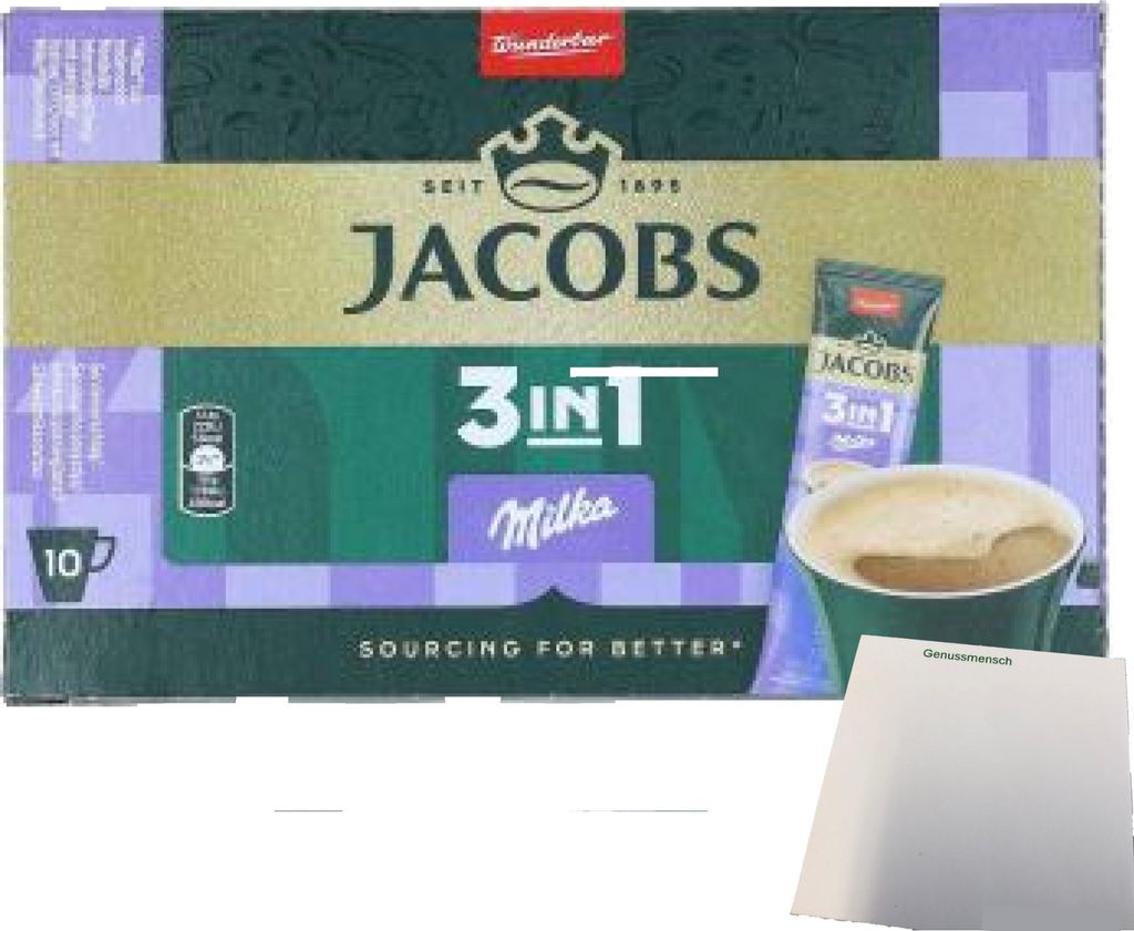 Jacobs 3in1 Löslicher Kaffee-Sticks Milka 10er (124g Packung) + usy Block