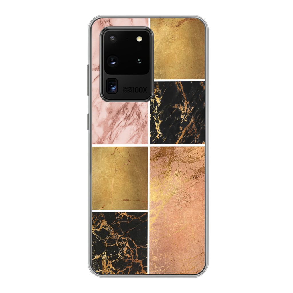 MuchoWow Handyhülle Schutzhülle Hülle für Samsung Galaxy S20 Ultra Marmor - Rosa - Gold Silikon Softcase Handy Hülle - Karteninhaber