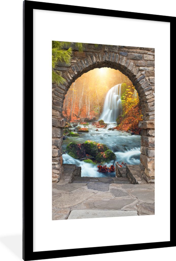 MuchoWow Gerahmtes Poster Aussicht - Wasserfall - Herbst - Landschaft 60x90 cm - Poster mit Schwarzem Bilderrahmen Wandposter Rahmen Foto Bilder ...