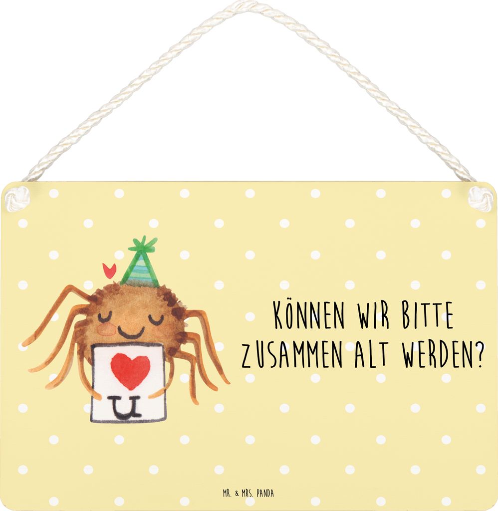 Mr. & Mrs. Panda Schild Spinne Agathe Brief DIN A5 - Gelb Pastell - Geschenk, wandtafel, Liebesbeweis, Wandbild Holz, Liebespaar, Heiratsantrag, T...
