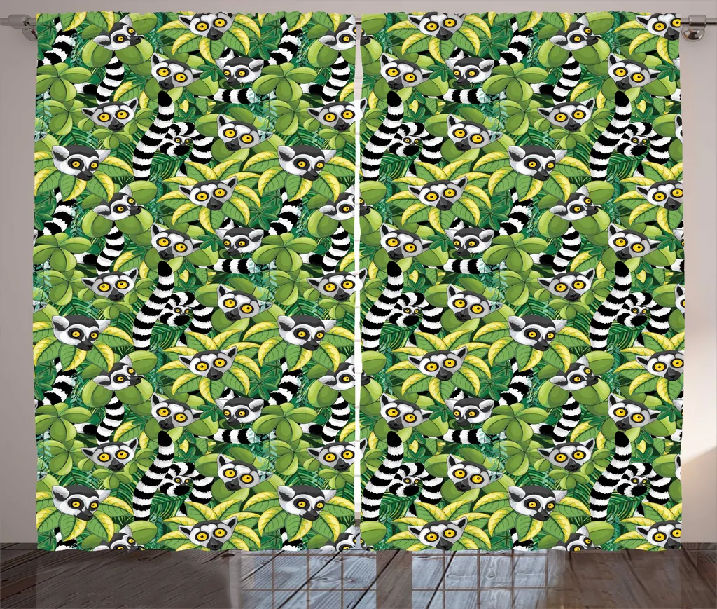 Rideau de chambre à motif singe tropical 280x225 cm avec ruban froncé