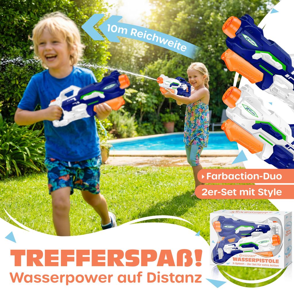 KESSER Wasserpistole 2er Set – 1500 Ml Tank, Reichweite 10-11 M – 4 Strahlmodi – Für Kinder & Erwachsene – Sommer Wasserspaß KESSER Wasserpistole Set