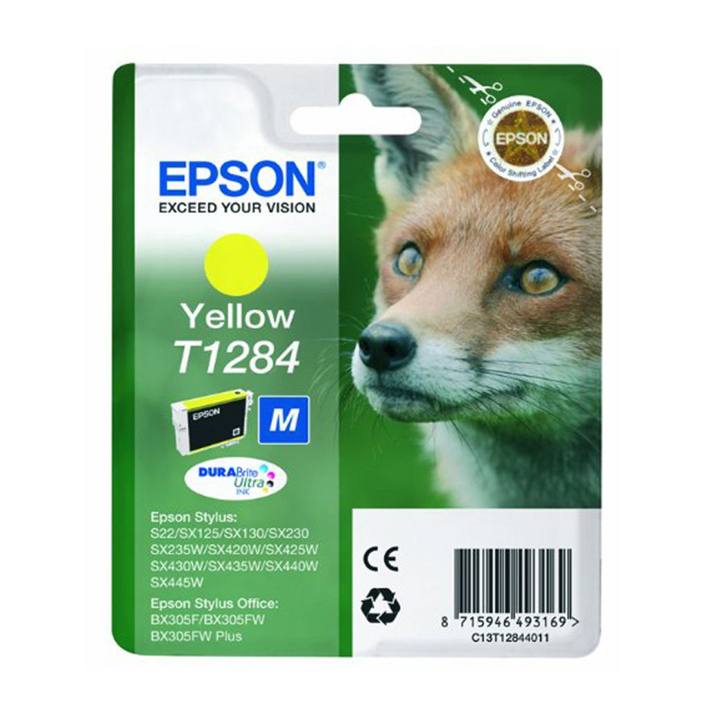 The image shows the packaging of an Epson T1284 yellow ink cartridge, with a close-up of a fox on the right side.