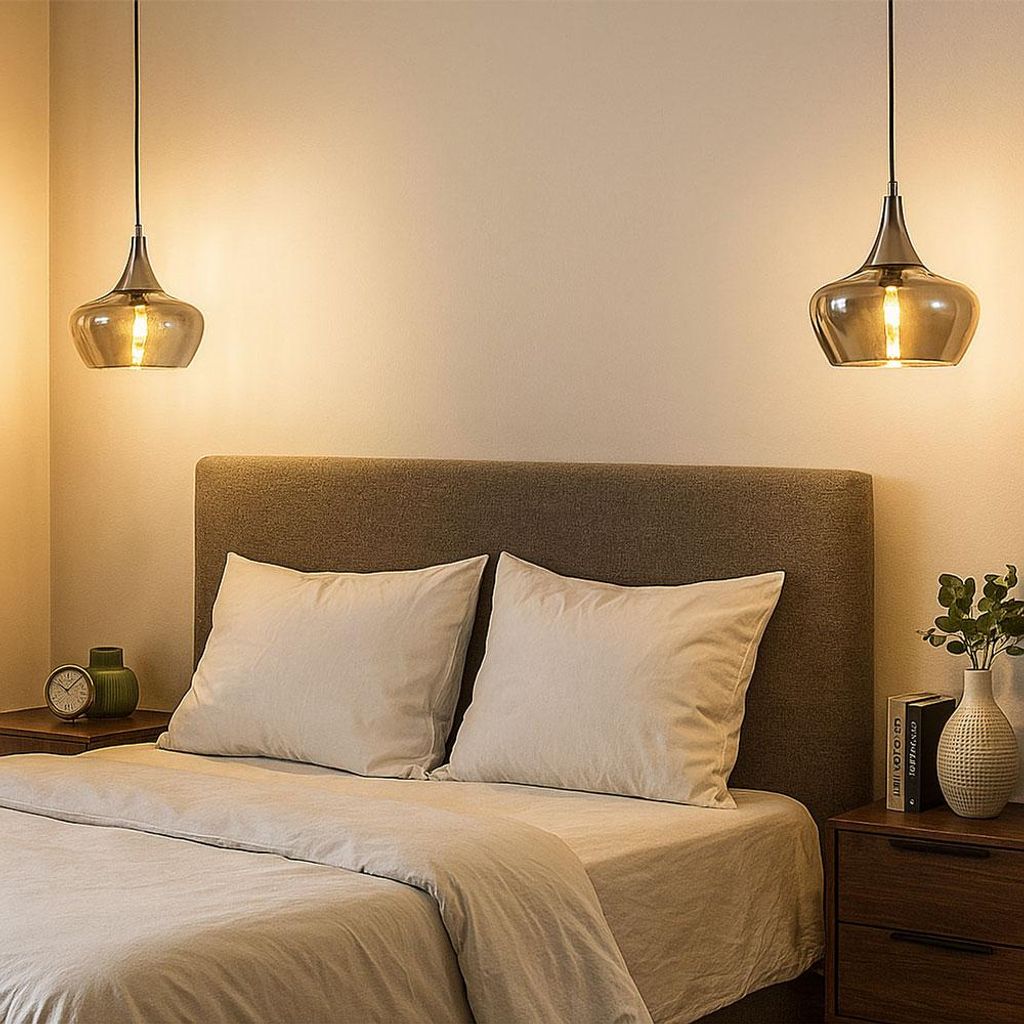 2x Pendelleuchte, Glas rauchfarben, nickel, E14, H 150 cm