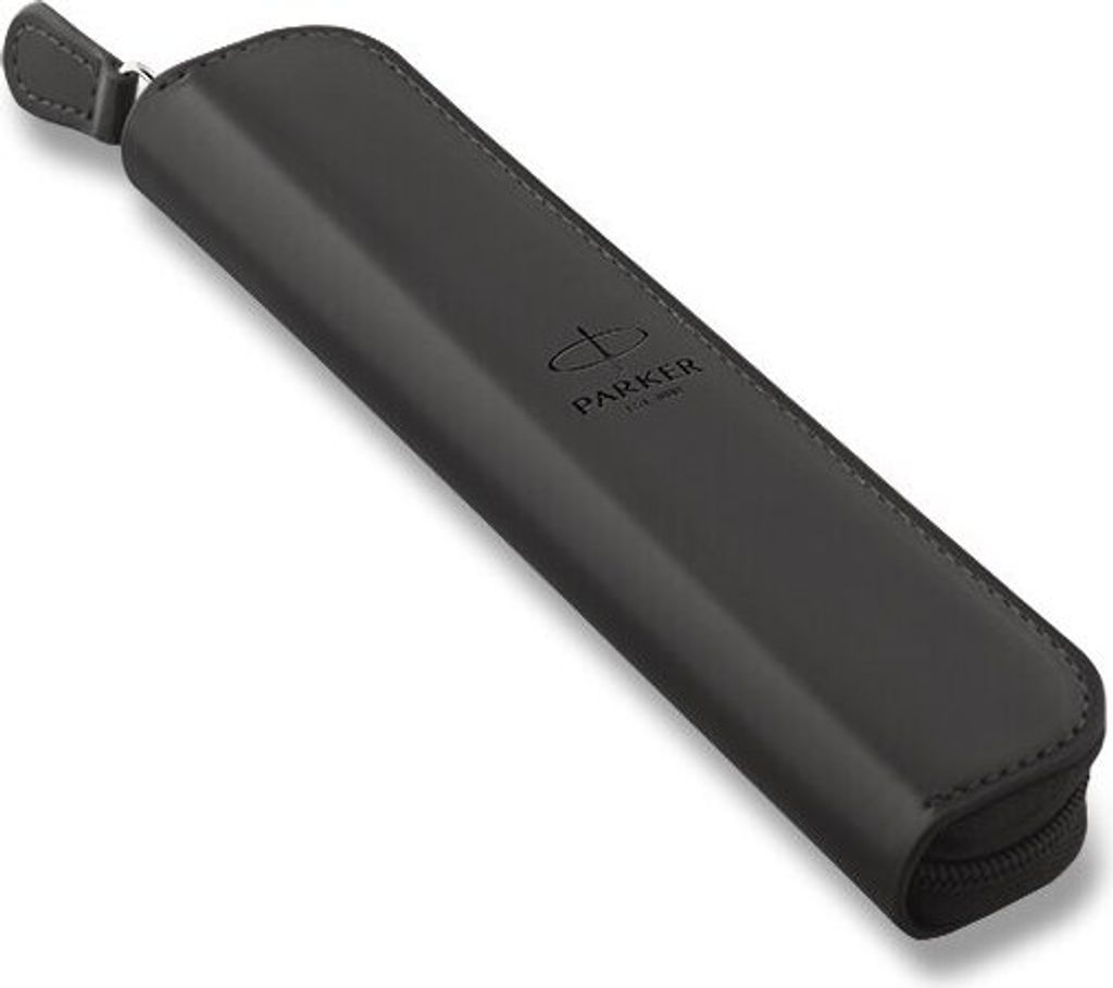 A black pen case with the Parker logo embossed on it, shown on a white background.