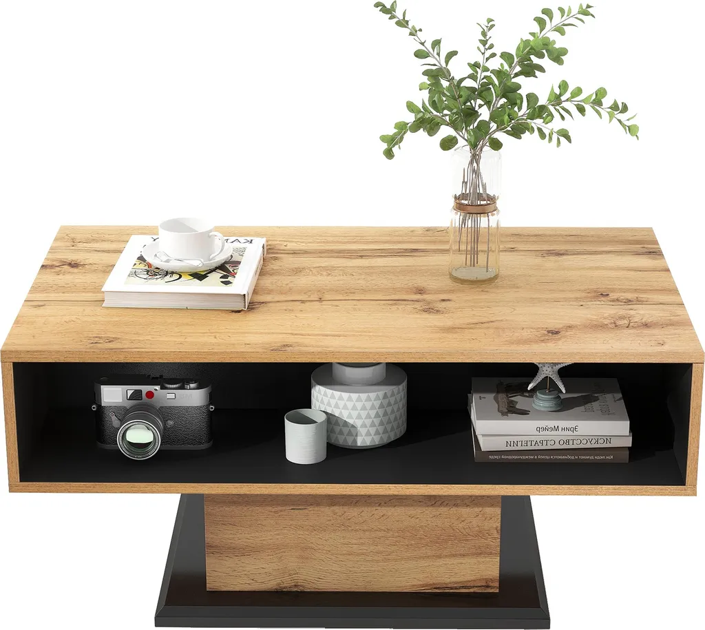 Table basse rectangulaire en bois bicolore avec rangement intégré