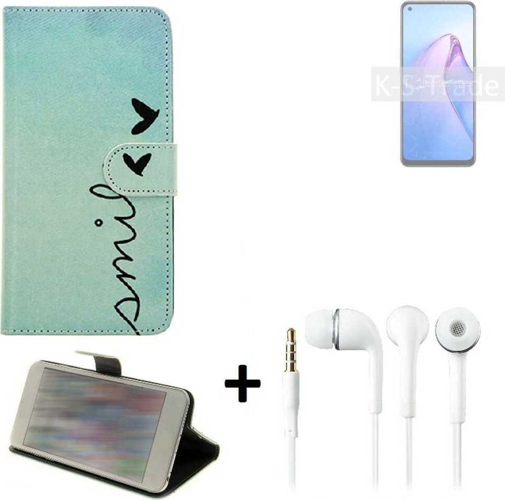 K-S-Trade Schutz Hülle Handy Hülle kompatibel mit Oppo Reno8 4G 360° Wallet Case Schutz Hülle ''smile'' inkl. Ohrstöpsel Smartphone cover