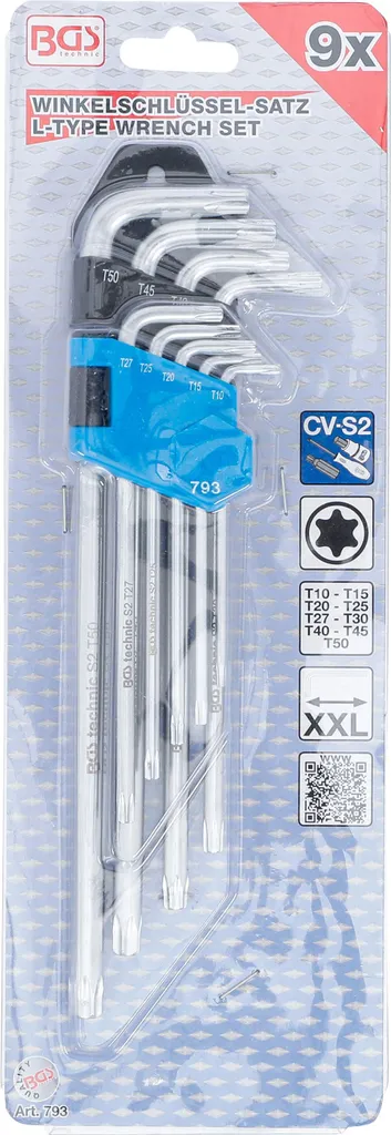 Clés mâles coudées T10-50 BGS 793 pour vis difficiles d'accès - 9 pcs - 6