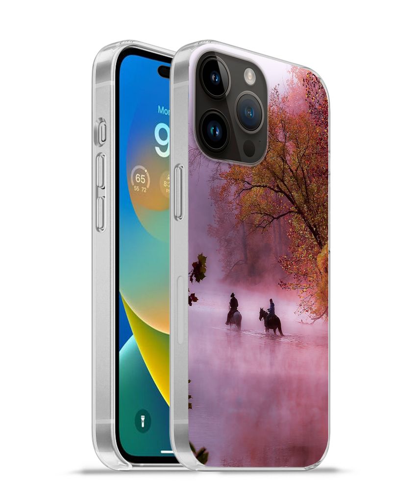 MuchoWow Handyhülle Schutzhülle Hülle für Apple iPhone 14 Pro Max Pferde - Nebel - Wald Silikon Softcase Handy Hülle - Hardcover